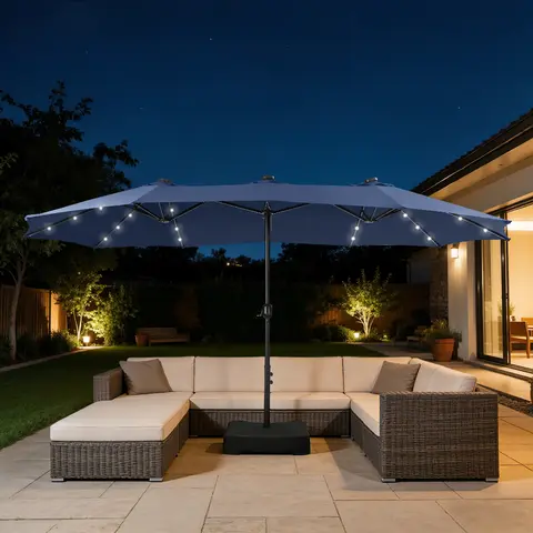 [15ft with Base] PHI VILLA Double-Sided Outdoor Patio Umbrella 15ft Large with Crank, Steel Pole, Metal Frame, Includes Base, Easy to Clean, Solar Led Lights