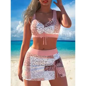 beach outfits [2 Piece High Elastic Bikini] Women's Patchwork Bikini 2 Piece Set - Ethnic Print High Elastic V-Neck Swimsuit - Women's Swimwear & Clothing