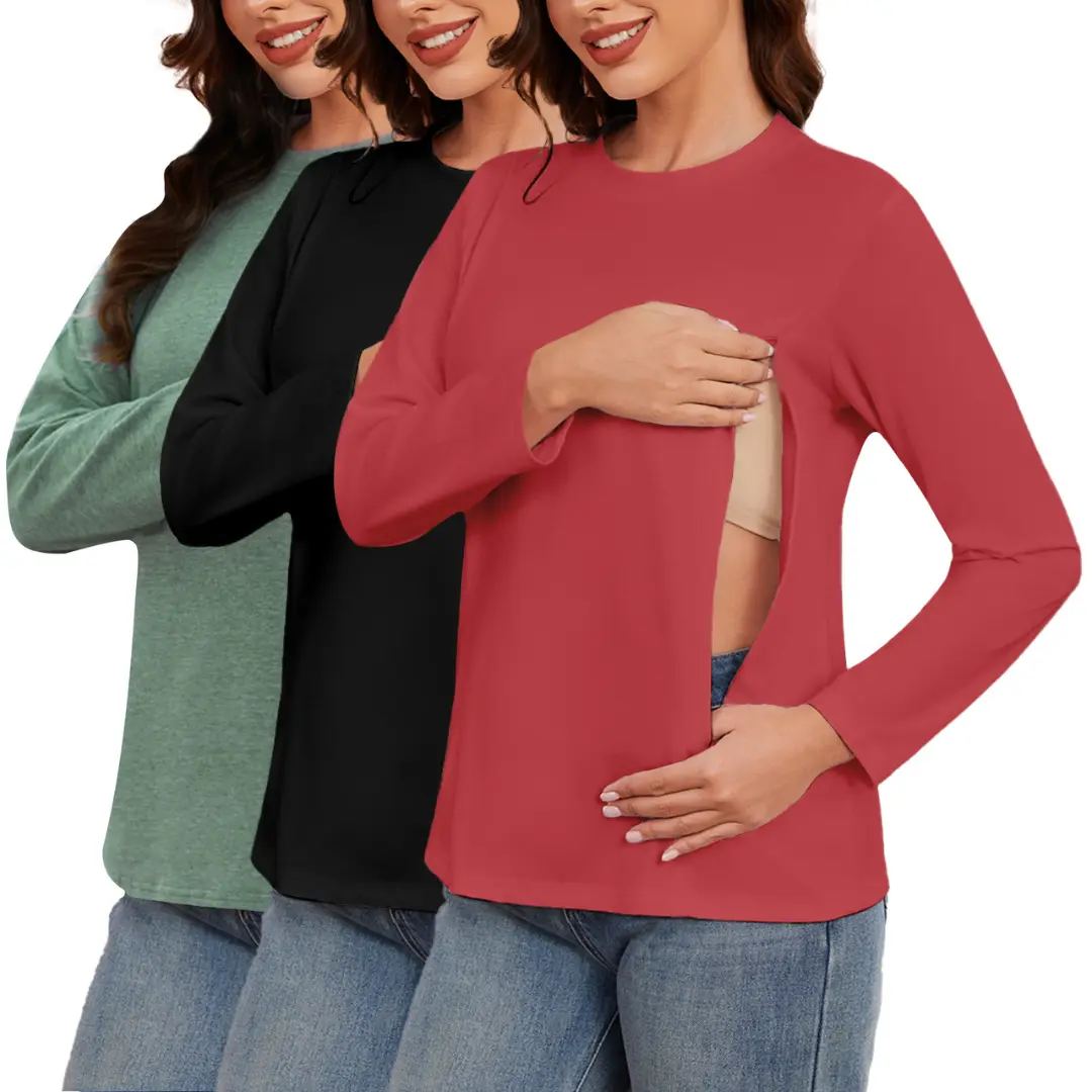ECAVUS Women's 3-Pack Crew Neck Long Sleeve Maternity Breastfeeding Tops, Postpartum Outfits with Hidden Zippers, Maternity Breastfeeding Pjs & Nursing Clothes