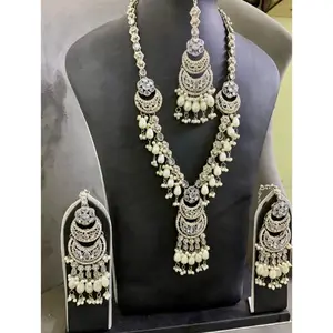 Silver & Mahroon Jewellery Set Long Locket With Attached Pendant Long Earings Maang Teeka