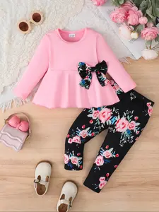 Girls' Spring & Fall 2-Piece Outfits, Cute Butterfly Knot Long Sleeve Dress and Floral Print Pants, Casual Daily Wear, Outdoor Activities, Baby Clothes Girl
