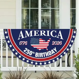 America 250th Birthday Semicircular Flag Banner 1776-2026 Patriotic Bunting USA Independence Day Porch Decor Fourth Of July Half Fan Flag For Porch Fence Yard