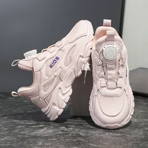 Children's Trendy Pink Sneakers with Rotating Buckle, Cool Functional Style for Indoor and Outdoor Wear, Lightweight and Comfortable, Versatile Training Shoes for Girls, Suitable for All Seasons