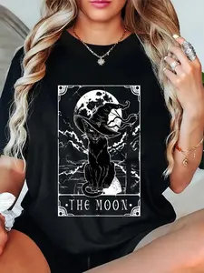 100% Cotton Tarot Card Crescent Moon And Black Cat Witch Hat Halloween T-Shirt