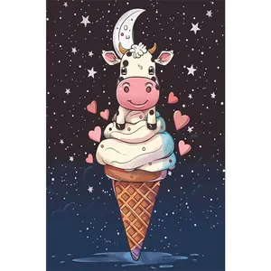 1PC 5D diamond painting 2D flat printing Diamond Painting Kit Cute Cow on Ice Cream Cone with Moon and Stars DIY Rhinestone Embroidery Craft for Home Decor Wall Art Gift for Kids Adults