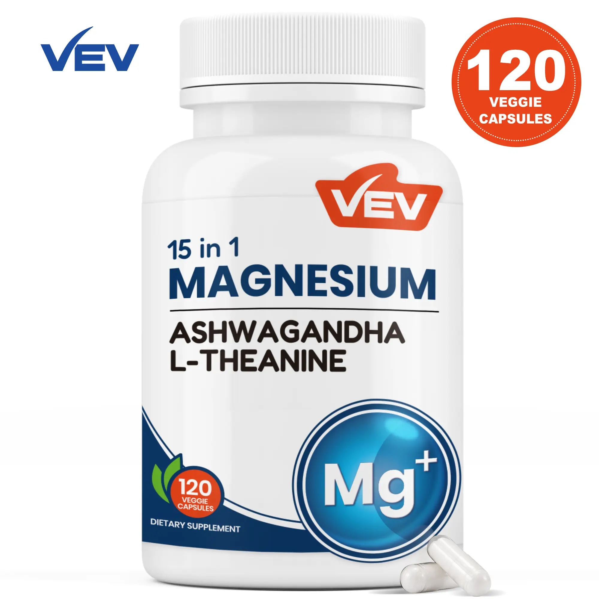 VEV Magnesium Ashwagandha, 15-in-1 Formula With Magnesium Glycinate, L-Theanine, Zinc, Edible Dietary Supplement, 120 Capsules