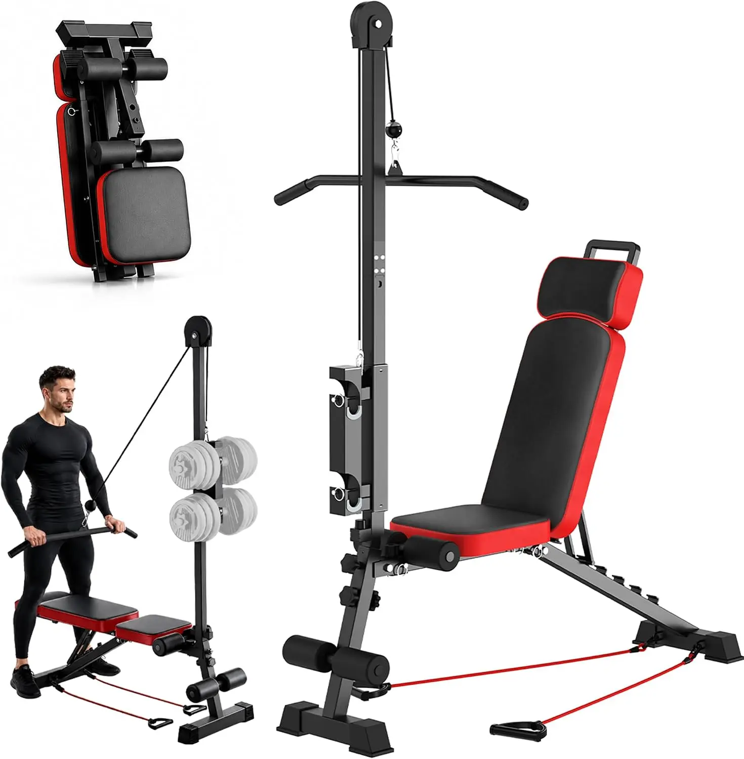 KINMAC Multi-Functional Weight Bench with Lat Pulldown System, Adjustable Foldable Workout Bench, 12in1 Home Gym Weight Lifting Bench Press, Incline Decline Flat Exercise Bench with Pulley Cable System, Leg Support for Full Body Training, 660 LBS Capacity
