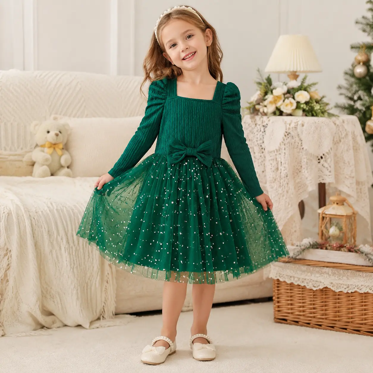 Girls Forest Green Princess Dress, Long Sleeve Star & Moon Sparkly Tutu Gown, Holiday Christmas Party Outfit for Kids 4-7 Years Old, Elegant Boutique Bow Dress for Birthday & Photoshoots