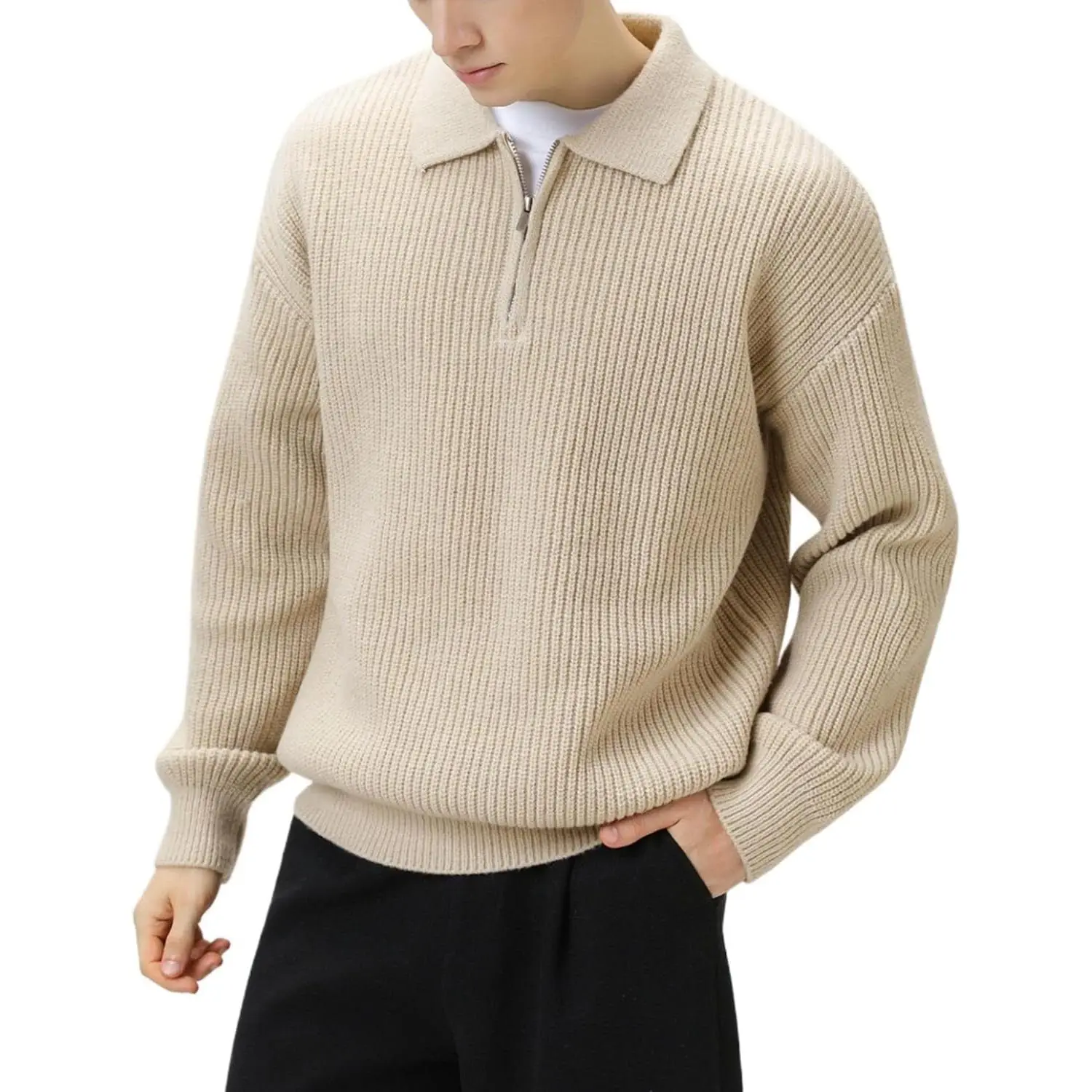 POHADON Men's Quarter-Zip Collared Neck Chunky Sweater, Vintage Aesthetic Grandpa Grunge Streetwear, Baggy Casual Menswear Tops for Fall Winter Korean Fashion, Retro