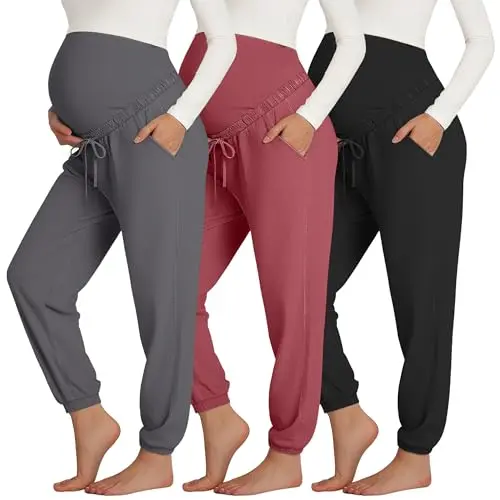 3 Pack Women's Maternity Pants Over The Belly Pregnancy Joggers Stretchy Drawstring Leggings with Pockets 3 Pack Women's Maternity Pants Over The Belly Pregnancy Joggers Stretchy Drawstring Leggings with Pockets