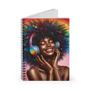 Digital Art Happy Black Woman with Curly Hair Spiral Notebook - Ruled Line Rainbow Design Journal Sketchbook Stationery Writing Pad,