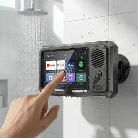 Waterproof 360-Rotating Touchscreen Bluetooth Speaker with Phone Holder, Cool Gadgets for Baths & Pool, Kitchen Audio Device with Smartphone Connection