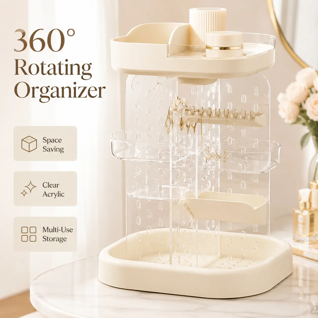 1pc 360° Rotating Makeup Organizer with Clear Acrylic Panels, Multi-Layer Cosmetic Storage Rack with Top Tray, Side Shelves & Jewelry Hooks for Vanity, Bathroom, Bedroom & Desktop, Black/White