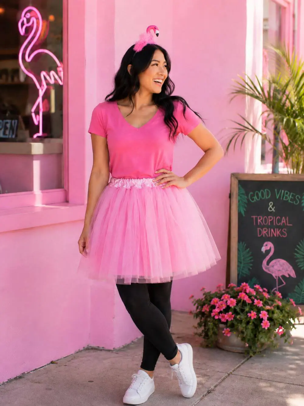 Women's Flamingo Costume Set for Adults & Plus Size – Pink Tutu Skirt & Flamingo Headband – Fun Animal Outfit for Halloween & Cosplay