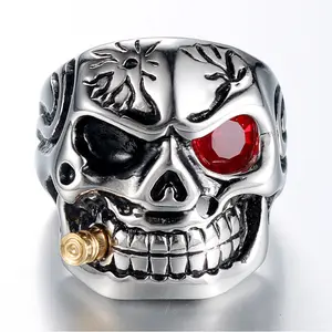 Fashionable and Domineering Gothic Style Single Eyed Skull Inlaid with Synthetic Zircon Stainless Steel Men's Ring Cubic Zirconia