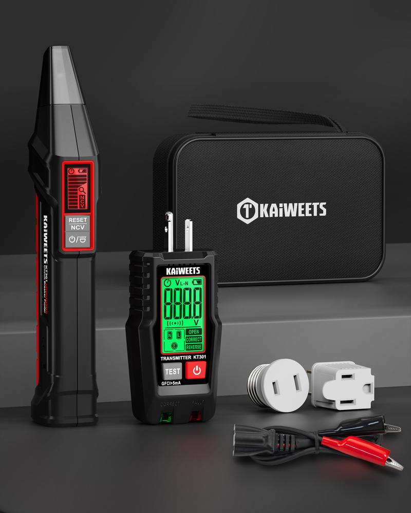 KAIWEETS AC Circuit Breaker Finder Tool with Alert LCD Display, 2-Piece Set Electric Tester and Voltage Tester with Transmitter and Receiver, NCV Function & Flashlight, Non-Contact Cable Tester and Integrated GFCI Outlet Tester, Portable Detector KAIWEETS AC Circuit Breaker Finder Tool with Alert LCD Display, 2-Piece Set Electric Tester and Voltage Tester with Transmitter and Receiver, NCV Function & Flashlight, Non-Contact Cable Tester and Integrated GFCI Outlet Tester, Portable Detector
