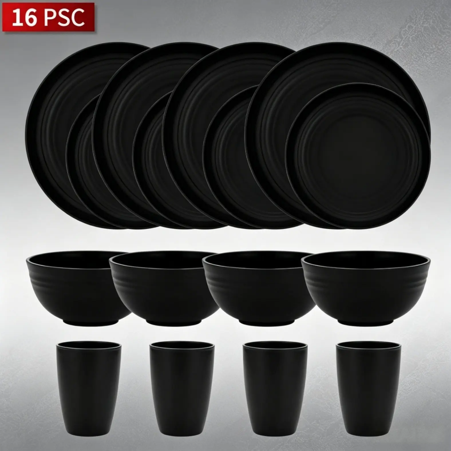 Black Wheat Straw Dinnerware Set 16/24PCS Unbreakable Lightweight Tableware Microwave Safe Camping Dishes for 4-6 Persons Dinner Sets