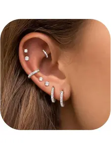8 Pairs Stainless Steel Earrings Sets for Multiple Piercing, Small Huggie Hoop Earrings Flat Back Tiny Ball CZ Stud Earring, 14K Gold Plated Cartilage Helix Earrings Inner Diameter 6-12MM, CZ Diameter 2-3MM, Fashion Earrings