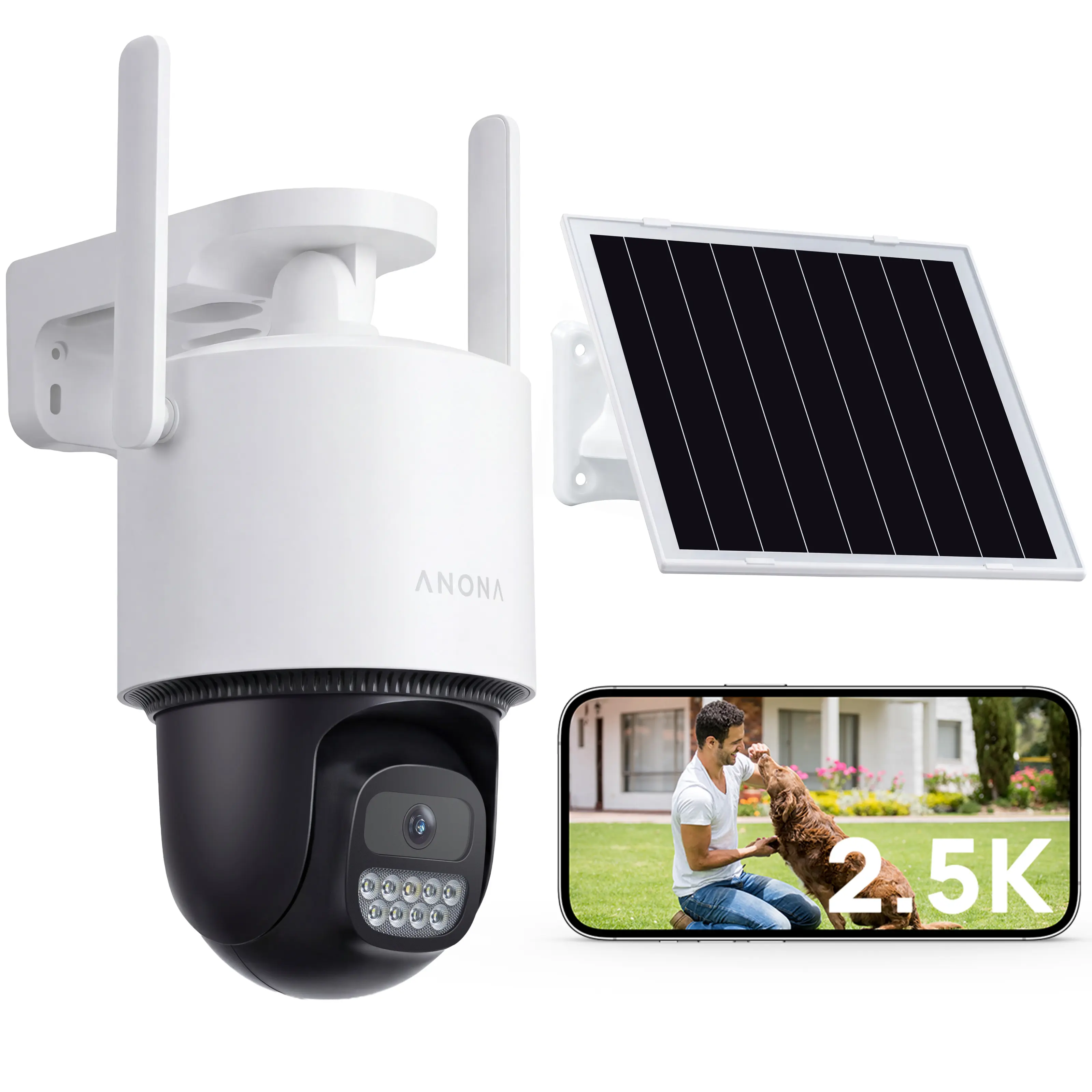Anona Orbis Solar Security Camera Wireless Outdoor, 2.5K 4MP 360° Coverage PTZ Cameras, 24/7 AOV Recording, Color Night Vision, AI Human Detection, Auto Tracking, No Monthly Fee, IP66, 2.4GHz Wi-Fi, 2 Pack