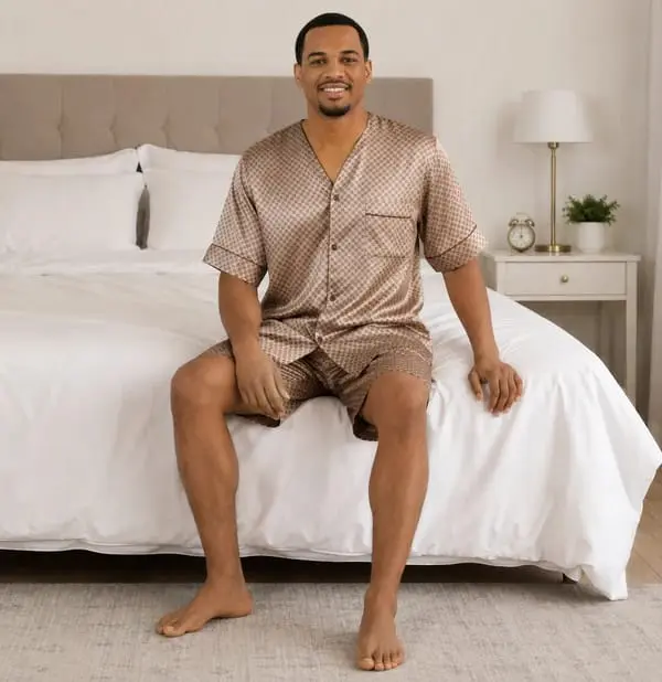 up2date Men's Polyester Satin Pajama Set, 2-Piece Short-Sleeve Button-Down Woven Loungewear, Plain Black with Red Trim, Menswear, Loose