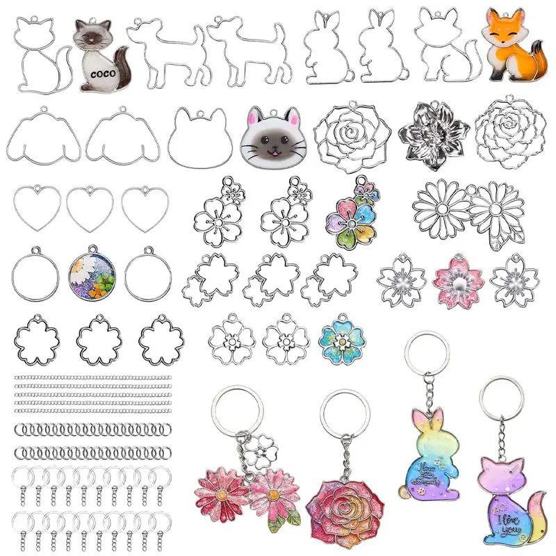 Keychain Molds 37Pcs, Silver UV Resin Molds for Beginners, Open Bezel Flower & Animal Molds for Keychain, Jewelry & Pendant Making, Christmas Gifts - LET'S RESIN