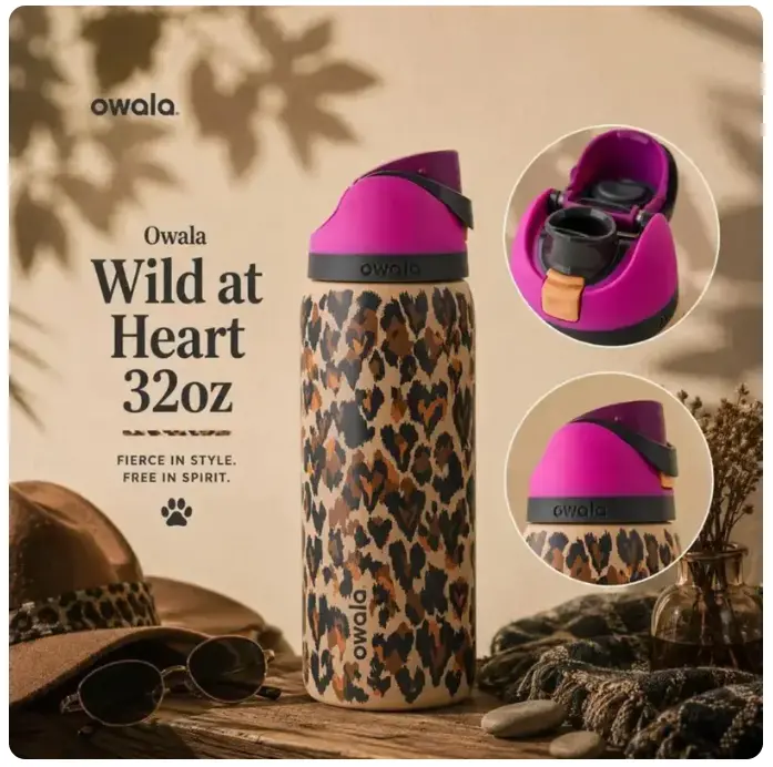 Owala Wild at Heart 32oz FreeSip – Stylish Leopard Print Stainless Steel Water Bottle with Straw Lid