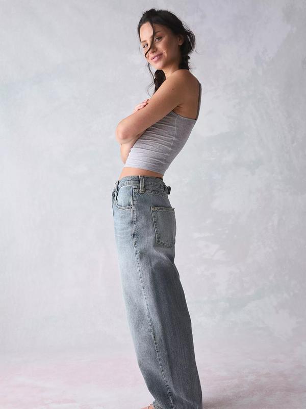 B D G Logan Buckle Baggy Barrel Jean Rigid Cotton Denim with Adjustable Back Buckle & Distressed Hem for Comfort & Style