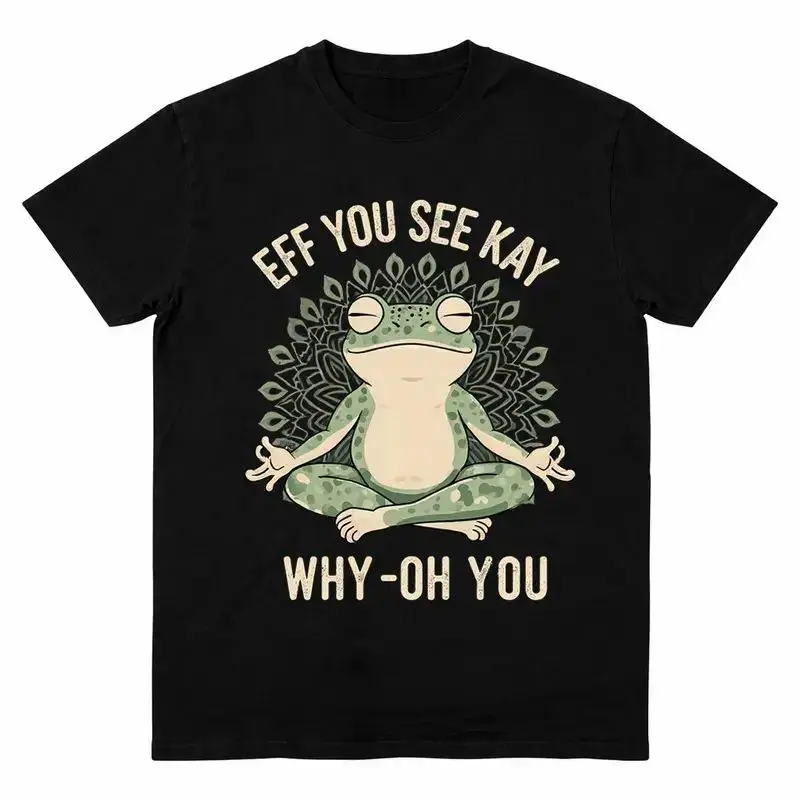 Unisex Cotton Short-Sleeve Funny EFF YOU SEE KAY Frog Meditation Graphic T-Shirt, Retro Cream Text, Green Mandala Art, Oversized Streetwear Top for Men & Women, Shortsleeve