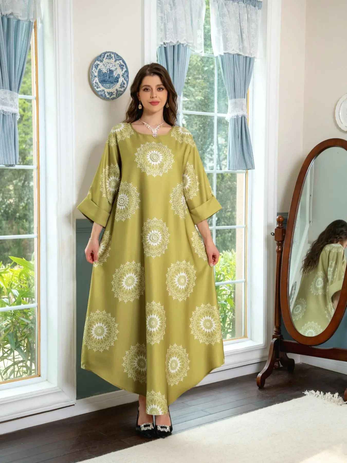 Arabic Clothing-Ethnic Pattern Faux Pearls Decor Dress, Elegant Fashion Roll Up Sleeve Long Dress for Daily Wear, Women's Islamic Clothing