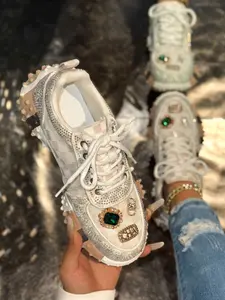 Women's Bling Rhinestone Embellished Sneakers, Daily Wear Sneakers, Stylish Sneaker, Sweet Cool Rubber Sole, Ditsy Floral Textile Upper, Casual All Seasons Shoes