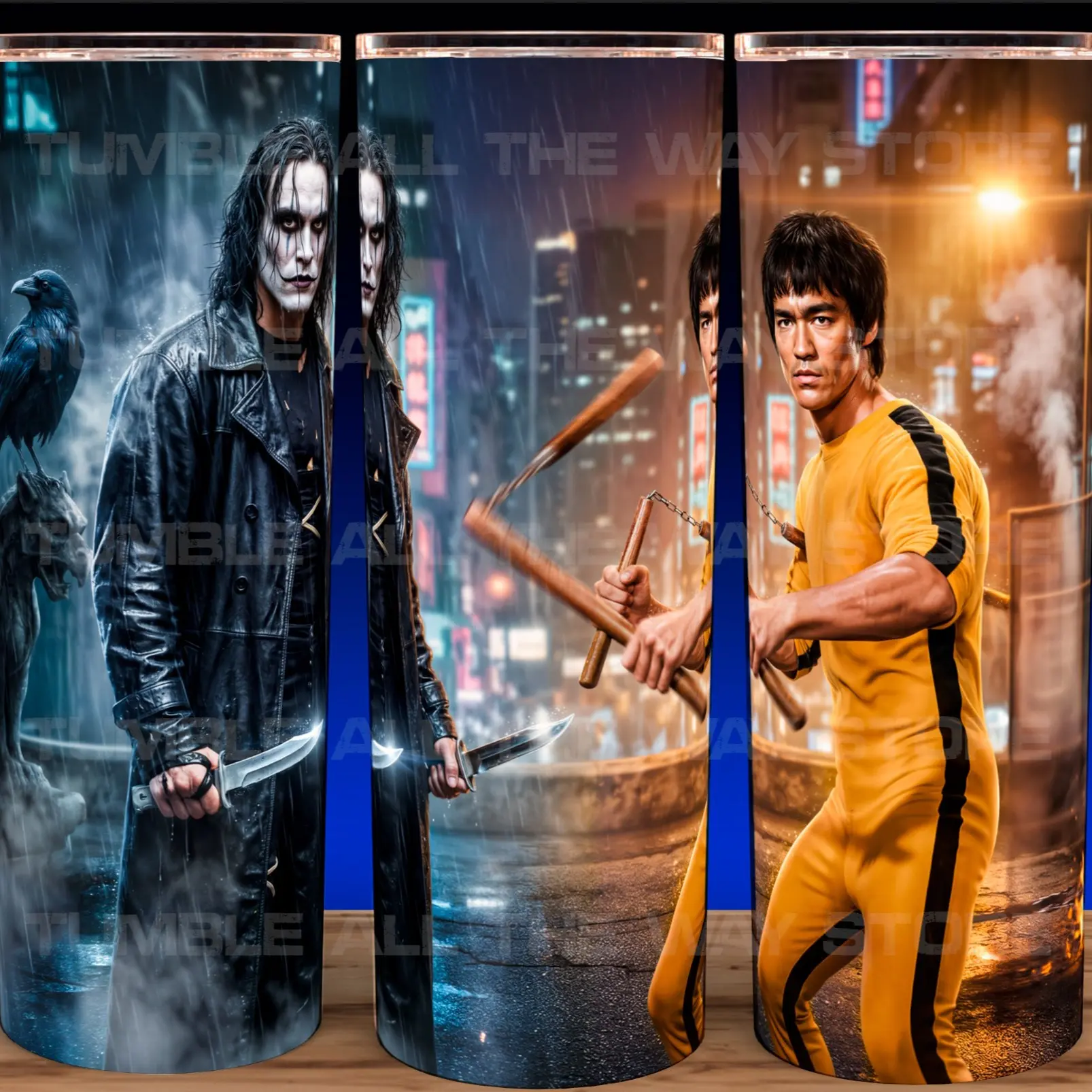 Brandon Lee and Bruce Lee - The Crow and The Dragon Cup Mug Tumbler 20oz Stainless Steel with Slide Closure Lid, Reusable Plastic Straw, Handmade Design - Drinkware Flasks Stylish