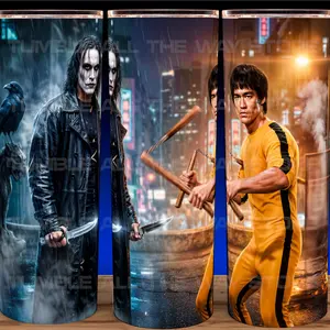 Brandon Lee and Bruce Lee - The Crow and The Dragon Cup Mug Tumbler 20oz Stainless Steel with Slide Closure Lid, Reusable Plastic Straw, Handmade Design - Drinkware Flasks Stylish