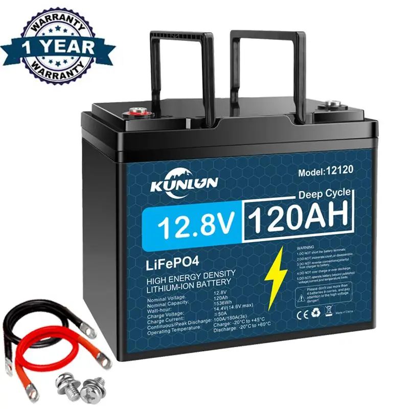 KUNLUN 12V 120Ah LiFePO4 Lithium Battery, Group 24 High-Temp Protection LiFePO4 Battery Built-in Smart BMS, 5000+ Deep Cycles 1536Wh Rechargeable 120A