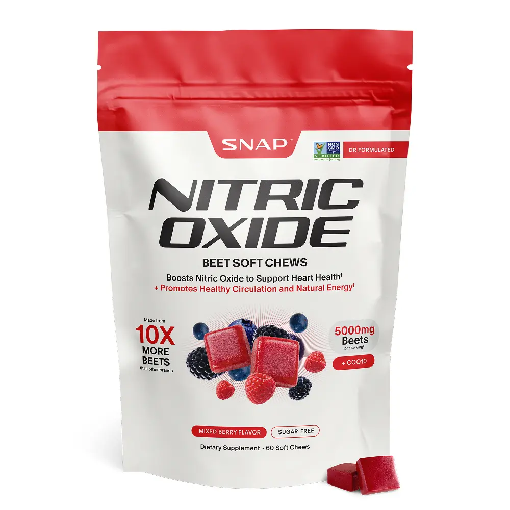 Snap Supplements - Nitric Oxide Beet Chews - 5,000mg of beets - 30 Servings - Natural Supplement Soft Chews - Mixed Berry Flavor - Sugar Free Snap Supplements - Nitric Oxide Beet Chews - 5,000mg of beets - 30 Servings - Natural Supplement Soft Chews - Mixed Berry Flavor - Sugar Free