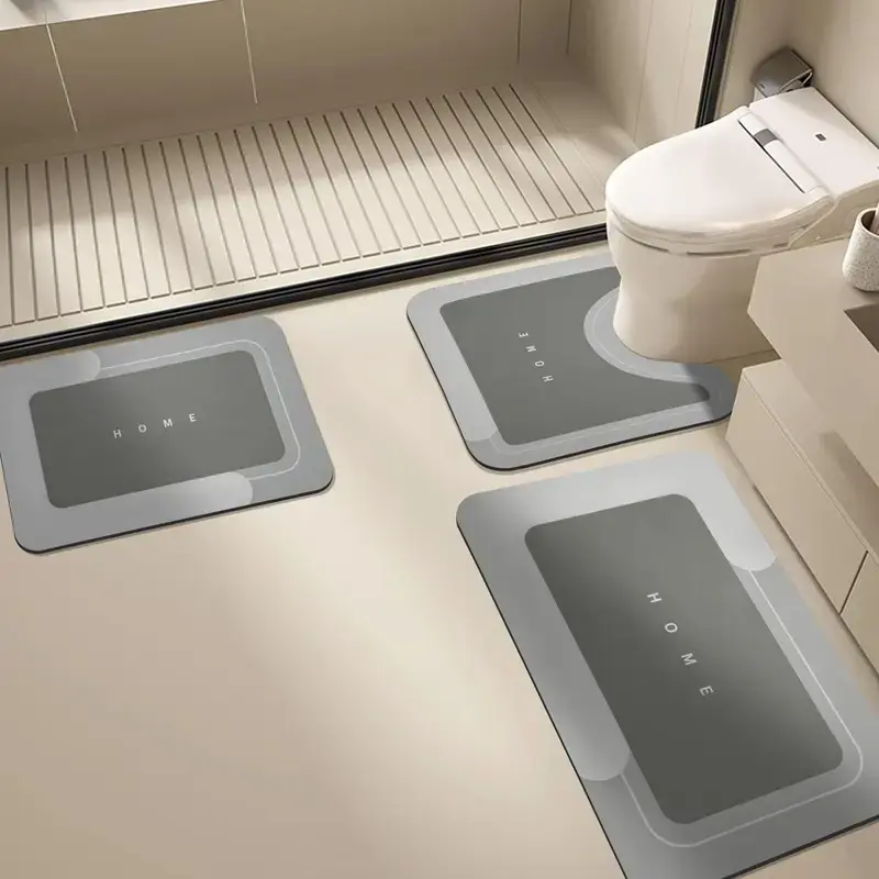 3-Piece Quick-Dry Bath Mat Set - Odor & Mold Resistant Anti-Skid Bathroom Rugs with "HOME" Print, Shower Floor Mats in Black & Gray for Toilet, Sink Areas, Anti-Skid Bath Mats