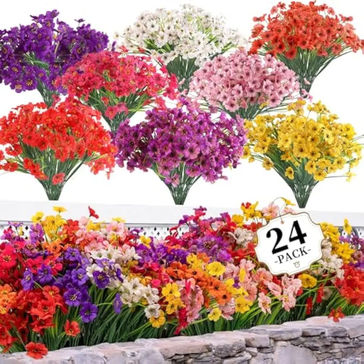 8-Color Mixed Colors Artificial Floral Ornaments Bundle Set (24pcs/set) - UV Resistant, Flexible Branches Decorative Bouquet for Home, Garden Decor, Mix Colors, Flower outdoorfun