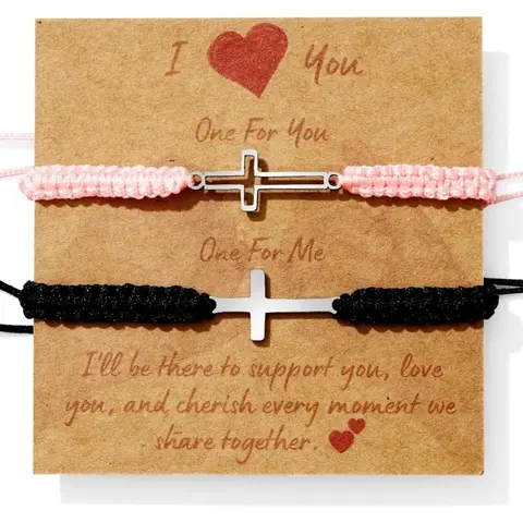 Unisex Matching Couple's 2-Pack Adjustable Woven Polyester Rope Bracelets with Stainless Steel Cross Design - Casual Everyday Wear, Meaningful Anniversary Token, Gifts for Him, GF Gift, Matching BF and GF