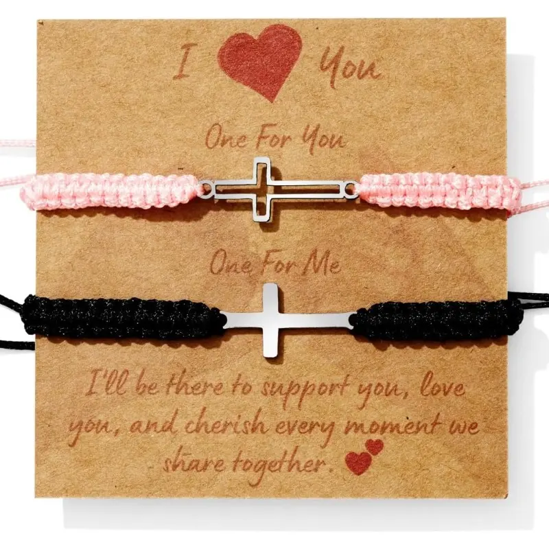 Matching Bracelets for Couples, 2-Pack Adjustable Woven Rope Set with Stainless Steel Cross Design, Gifts for Boyfriend, Meaningful Token, Matching Bf And Gf, Polyester, Boyfriend Birthday Gift, Couple Gifts For Adults