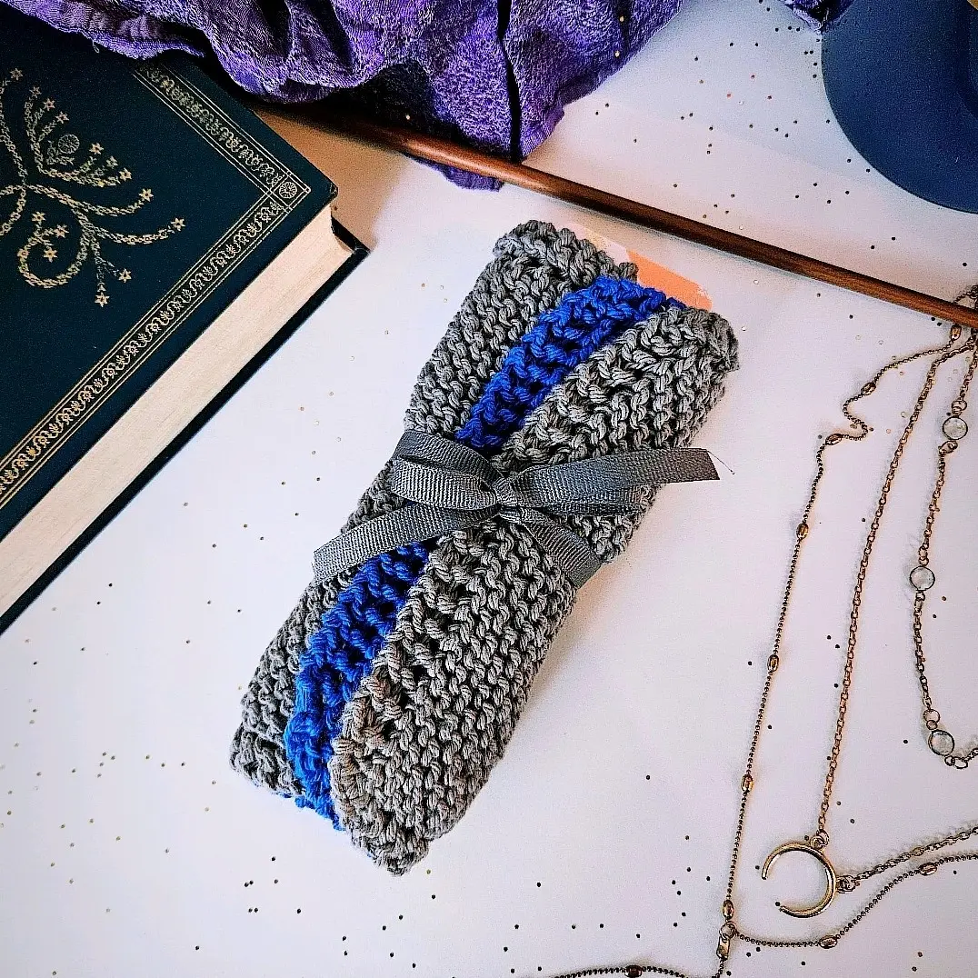 Grandma Knit Dishcloths 2Pk | Wizard Vibe | Azure Blue and Silver Gray | Non-scratch | Reusable | Machine Washable | Handmade | Durable | Multipurpose | Antique Design | Modern Feel | 100% Cotton Dishcloths