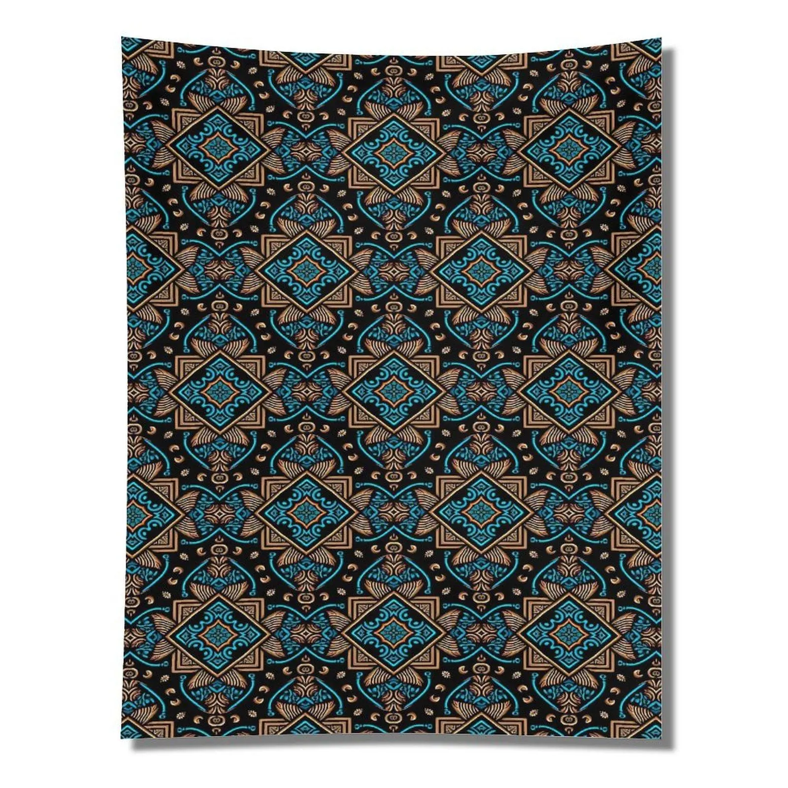 Blue Gold Mandala Geometric Ethnic Diamond Seamless Pattern Wall Tapestry Wall Hanging, Boho Oriental Luxury Living Room Decor Backdrop