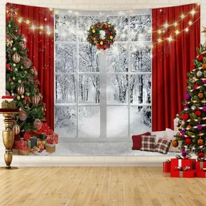 Christmas Themed Window Snow Scenery Pattern Wall Background, 1 Count Colorful Festival Hanging Decoration, Wall Decor for Home Living Room Bedroom Party