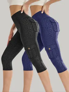 2PCS Halloween Women's Leopard Print Pocket Design Sports Short Leggings, Breathable Comfortable High Stretch Yoga Shorts, Ladies Sportswear for Indoor Outdoor Wear, Gym Sportswear Bottoms