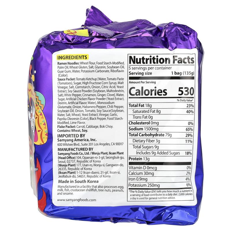 Buldak®, Stir-Fried Ramen, Spicy Chicken, Habanero Lime, 5 Packs, 4.76 oz (135 g) Each