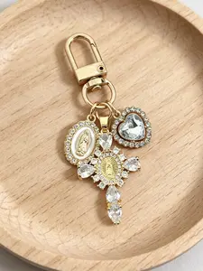 1PC Rose Gold Virgin Mary Medallion Cross Keychain, Heart Crystal Charms, Perfect Religious Gift for Confirmation, Communion & Holidays
