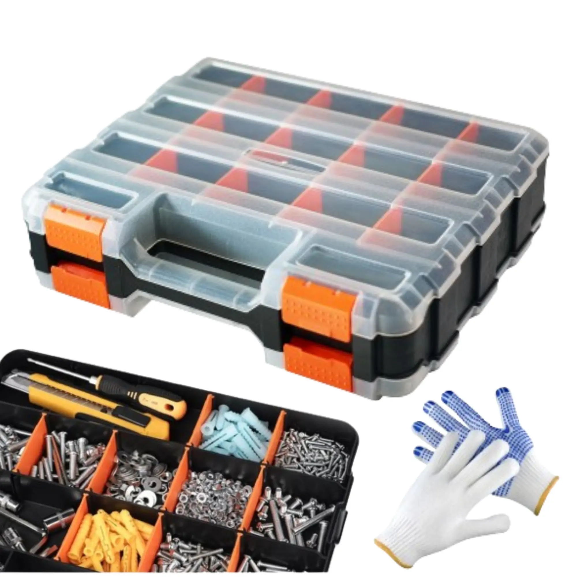 Konvor Small Parts Organizer with Gloves: 34-Compartment Double Side Tool Box Organizer with Removable Dividers - Ideal for Hardware, Screws, Bolts, Nails, Beads, Jewelry & More.