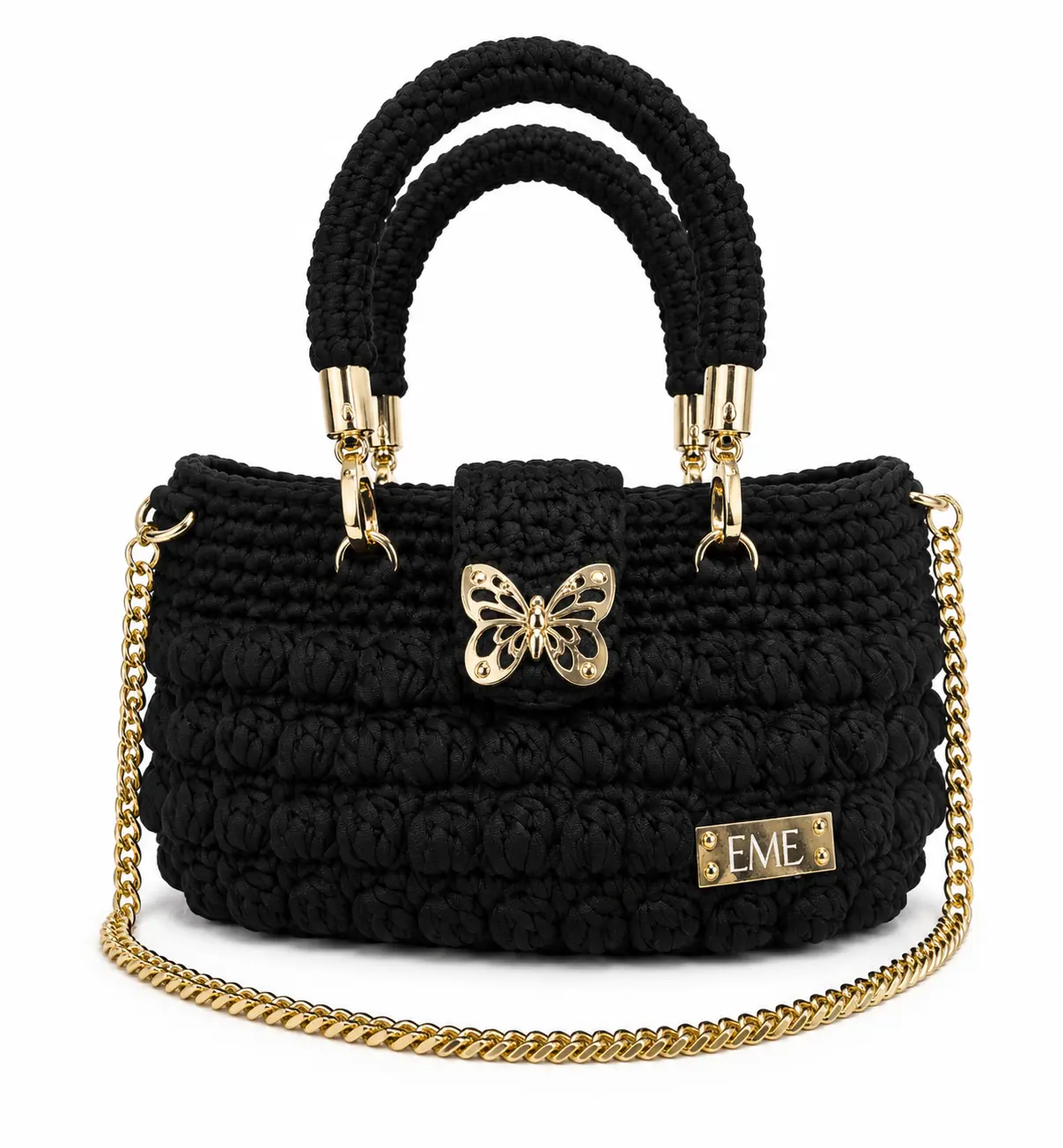 Mariposa Noir - The Noir Collection | Handmade Black Crochet Shoulder Bag with Gold Chain
