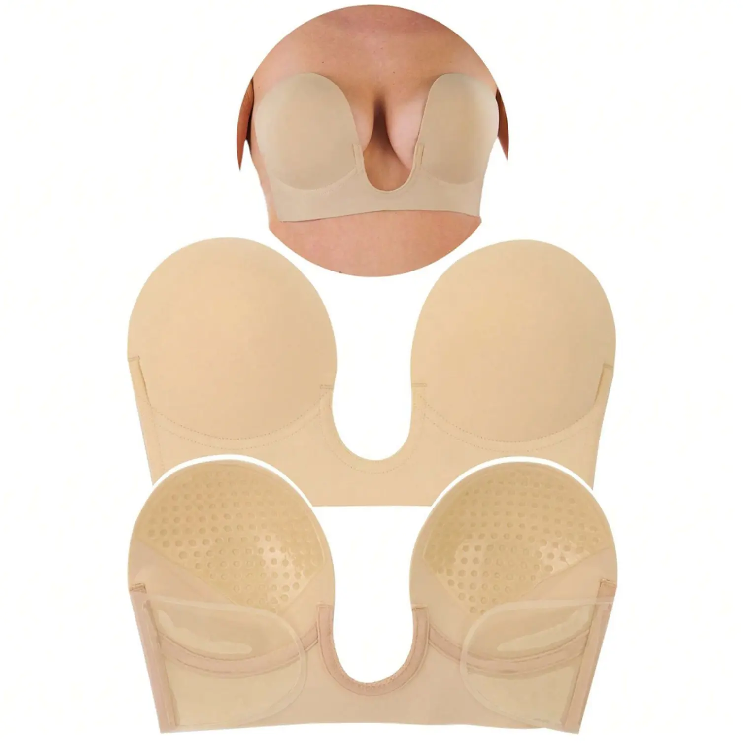 ToBeInStyle Women's Backless Strapless Self-Adhesive Padded Deep U Plunge V-Bra Cleavage Bra