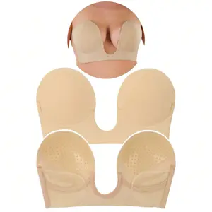 ToBeInStyle Women's Backless Strapless Self-Adhesive Padded Deep U Plunge V-Bra