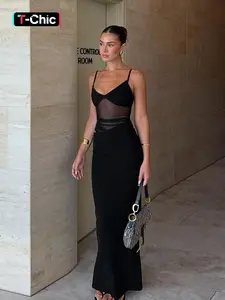 Women's Elegant Slim-Fit Mesh Patchwork Spaghetti Strap Dress, Womenswear, All-Seasons Wearable Lightweight Kint Fabric, Perfect for Casual & Party