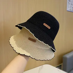 Women's Bucket Hat Spring/Summer Style Letter Patch Knitted Breathable Korean Style Versatile Foldable Sun Hat